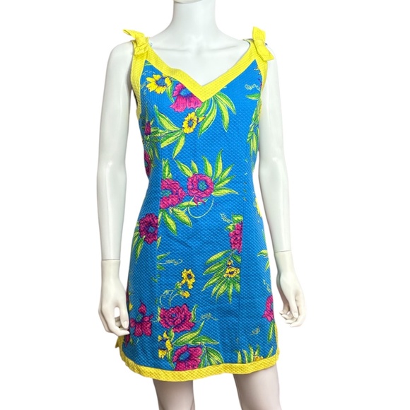 Lilly Pulitzer white label Floral yellow trim blue dress - size 10 - Picture 1 of 4